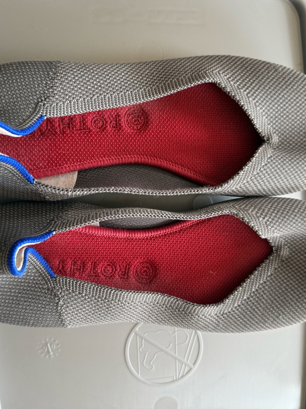 Rothy's Gray Knit Slip-On Flats with Red Insole and Blue Trim - Picture 2 of 5